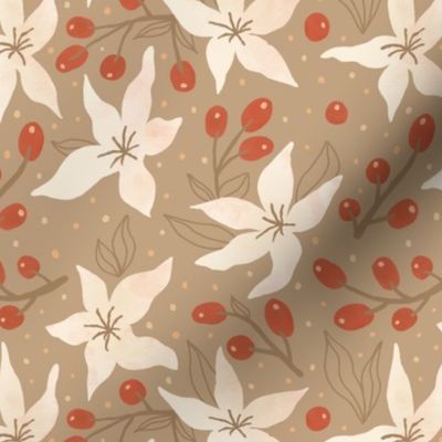 Middle artistic flowers. Floral beige ornamnet and red berry