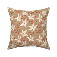 Middle artistic flowers. Floral beige ornamnet and red berry