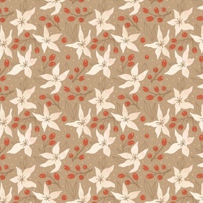 Middle artistic flowers. Floral beige ornamnet and red berry