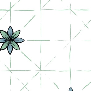 Minimilist Flower Trellis _ Green and Blue on white