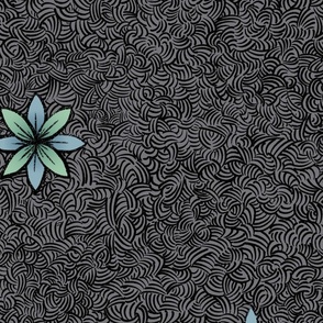 Minimilist Flowers on Curvy Hatched background _ Blue and Green on Dark