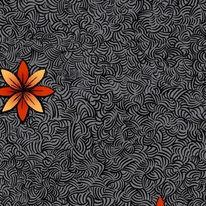 Minimilist Flowers on Curvy Hatched background _ Red and Yellow on Dark