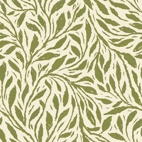 M- Dense Flow of Leaves - Moss Green on Parchment White