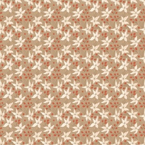 Small vanilla flowers. Floral beige ornamnet and red berry