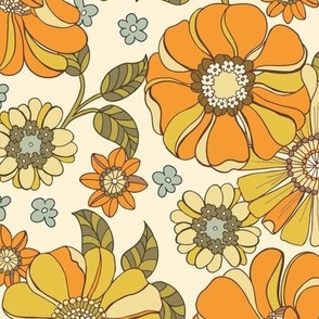 Vintage Large Yellow and Orange Blooms in 1960s-1970s Retro Style - Large Scale