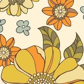 Vintage Large Yellow and Orange Blooms in 1960s-1970s Retro Style - Jumbo Scale