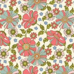 Vintage Large Pink and Sky Blue Blooms in 1960s-1970s Retro Style - Medium Scale