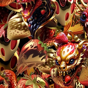 dragons, mouths, golden horns, strawberries, in gold, surrealism