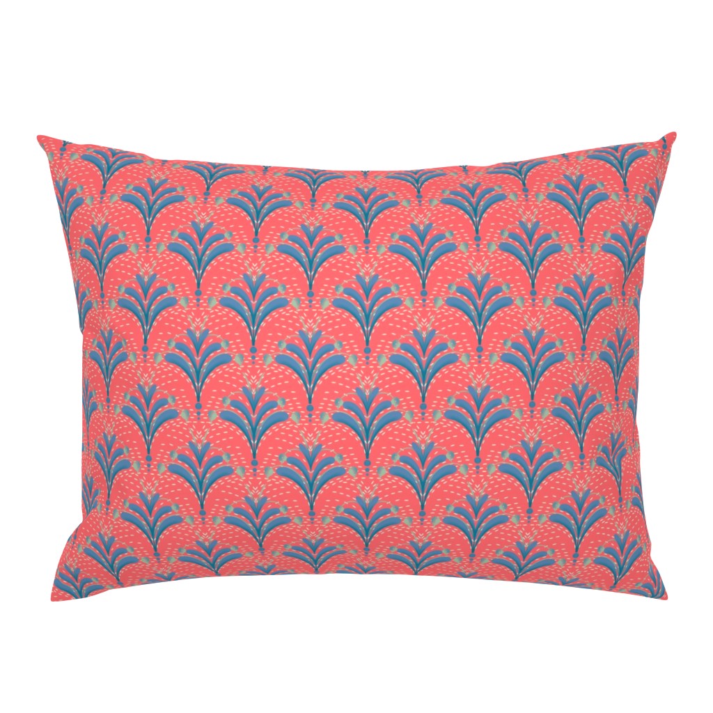 Boho nesting plumes and foliage - coral denim