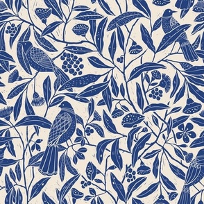 (Small)Block Print-Vintage Style  Floral -Birds-Country Side -Navy Blue on Cream-Indigo