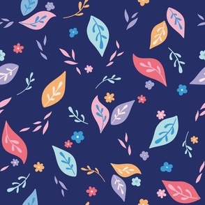 Simple Playful Colorful Leaves on Dark Navy blue - pink yellow blue (m)