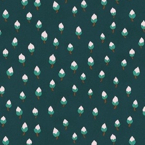 SMALL Softly Textured Cute Modern Hand-Drawn Ditsy Magnolia Spring Buds on a dark Green background