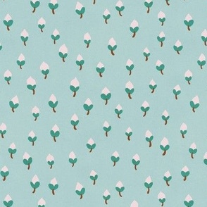 SMALL Softly Textured Cute Modern Hand-Drawn Ditsy Magnolia Spring Buds on a light Pastel Blue background