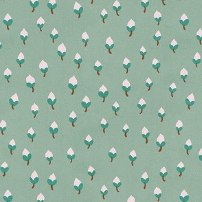 SMALL Softly Textured Cute Modern Hand-Drawn Ditsy Magnolia Spring Buds on a Light Pastel Celadon Green background