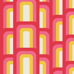 (L) Hove Pier Stripe - Abstract Retro 60s 70s Mod Geometric Arches - Red Pink and Yellow