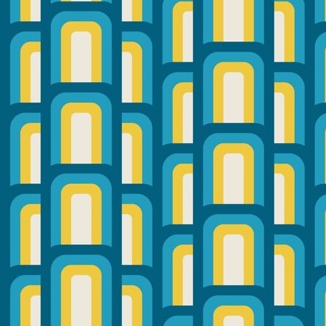 (M) Hove Pier Stripe - Abstract Retro 60s 70s Mod Geometric Arches - Blue and Yellow