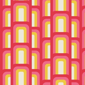 (M) Hove Pier Stripe - Abstract Retro 60s 70s Mod Geometric Arches - Red Pink and Yellow