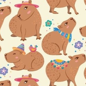 Cute Playful Festive Capybaras on White Creamy