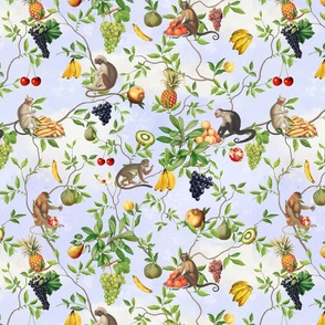 Exquisite Marie Antoinette Inspired Nostalgic Monkeys Garden & Fruit Party: Antique Chinoiserie with Grapes, Tropical Fruits, Vintage Jungle Home Decor & Wallpaper - Sky Blue Clouds 