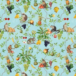Exquisite Marie Antoinette Inspired Nostalgic Monkeys Garden & Fruit Party: Antique Chinoiserie with Grapes, Tropical Fruits, Vintage Jungle Home Decor & Wallpaper Sepia Turquoise
