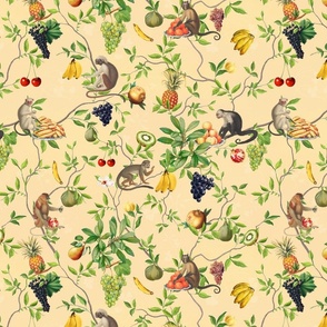 Exquisite Marie Antoinette Inspired Nostalgic Monkeys Garden & Fruit Party: Antique Chinoiserie with Grapes, Tropical Fruits, Vintage Jungle Home Decor & Wallpaper Sepia Yellow 
