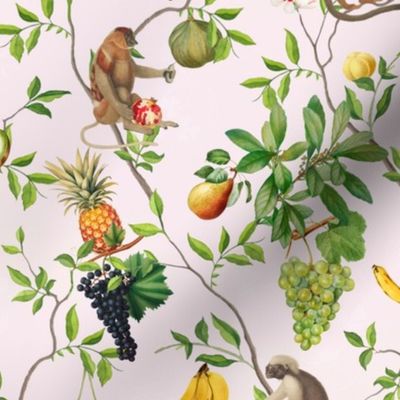 Exquisite Marie Antoinette Inspired Nostalgic Monkeys Garden & Fruit Party: Antique Chinoiserie with Grapes, Tropical Fruits, Vintage Jungle Home Decor & Wallpaper Sepia Blush Pink 