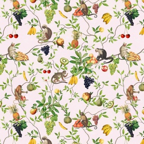 Exquisite Marie Antoinette Inspired Nostalgic Monkeys Garden & Fruit Party: Antique Chinoiserie with Grapes, Tropical Fruits, Vintage Jungle Home Decor & Wallpaper Sepia Blush Pink 