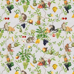 Exquisite Marie Antoinette Inspired Nostalgic Monkeys Garden & Fruit Party: Antique Chinoiserie with Grapes, Tropical Fruits, Vintage Jungle Home Decor & Wallpaper Silver Grey
