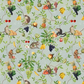 Exquisite Marie Antoinette Inspired Nostalgic Monkeys Garden & Fruit Party: Antique Chinoiserie with Grapes, Tropical Fruits, Vintage Jungle Home Decor & Wallpaper Sepia Green 