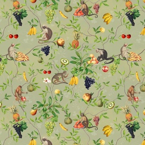 Exquisite Marie Antoinette Inspired Nostalgic Monkeys Garden & Fruit Party: Antique Chinoiserie with Grapes, Tropical Fruits, Vintage Jungle Home Decor & Wallpaper Green