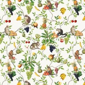 Exquisite Marie Antoinette Inspired Nostalgic Monkeys Garden & Fruit Party: Antique Chinoiserie with Grapes, Tropical Fruits, Vintage Jungle Home Decor & Wallpaper Off White