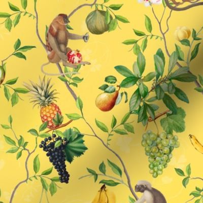 Exquisite Marie Antoinette Inspired Nostalgic Monkeys Garden & Fruit Party: Antique Chinoiserie with Grapes, Tropical Fruits, Vintage Jungle Home Decor & Wallpaper Yellow