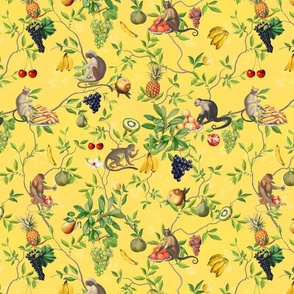 Exquisite Marie Antoinette Inspired Nostalgic Monkeys Garden & Fruit Party: Antique Chinoiserie with Grapes, Tropical Fruits, Vintage Jungle Home Decor & Wallpaper Yellow