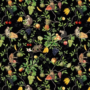 Exquisite Marie Antoinette Inspired Nostalgic Monkeys Garden & Fruit Party: Antique Chinoiserie with Grapes, Tropical Fruits, Vintage Jungle Home Decor & Wallpaper Mystic Night Black