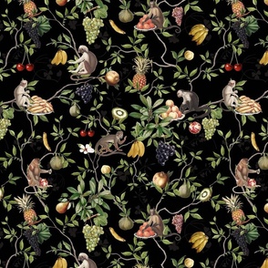 Exquisite Marie Antoinette Inspired Nostalgic Monkeys Garden & Fruit Party: Antique Chinoiserie with Grapes, Tropical Fruits, Vintage Jungle Home Decor & Wallpaper The Darkest Night Black 