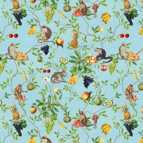 Exquisite Marie Antoinette Inspired Nostalgic Monkeys Garden & Fruit Party: Antique Chinoiserie with Grapes, Tropical Fruits, Vintage Jungle Home Decor & Wallpaper Turquoise