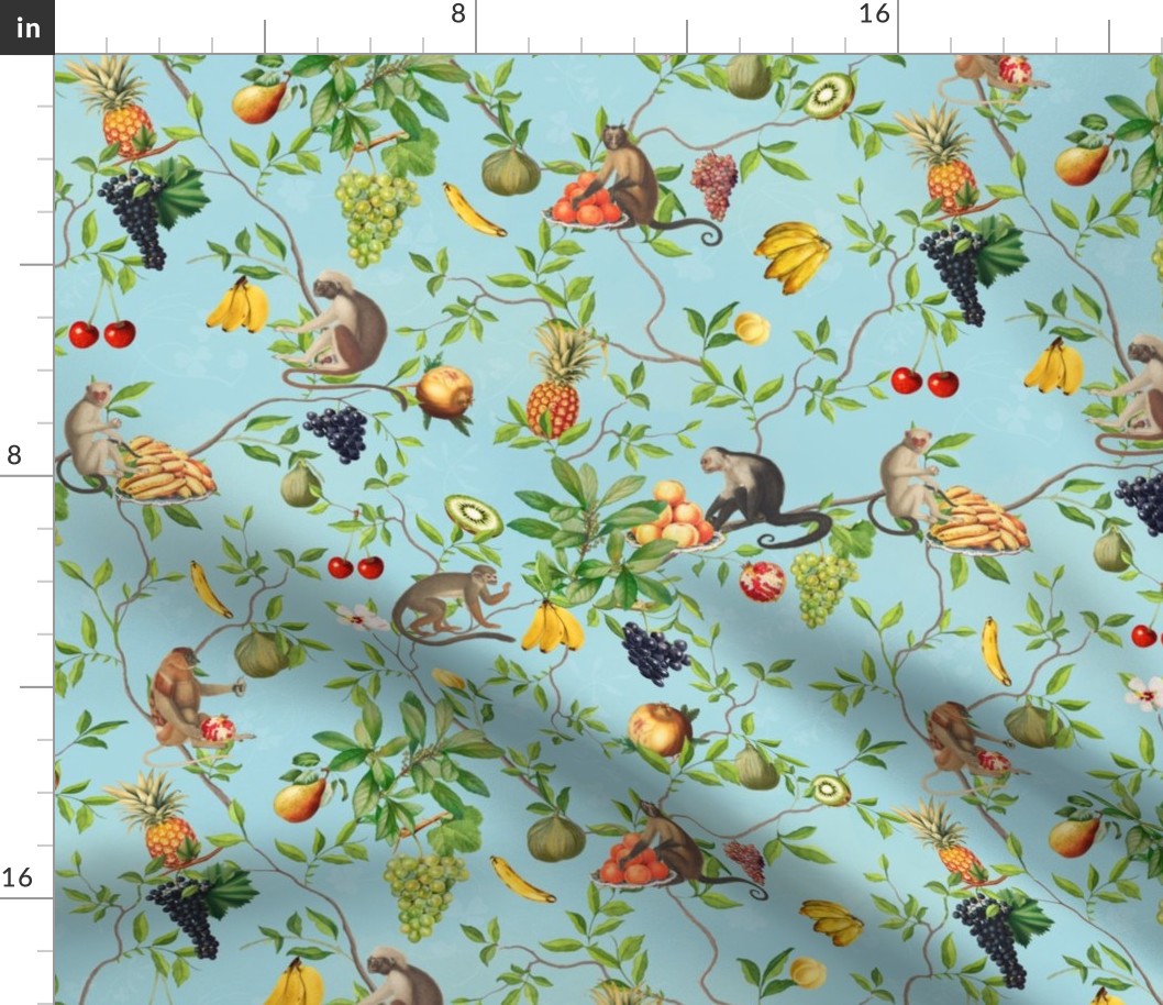 Exquisite Marie Antoinette Inspired Nostalgic Monkeys Garden & Fruit Party: Antique Chinoiserie with Grapes, Tropical Fruits, Vintage Jungle Home Decor & Wallpaper Turquoise