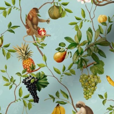 Exquisite Marie Antoinette Inspired Nostalgic Monkeys Garden & Fruit Party: Antique Chinoiserie with Grapes, Tropical Fruits, Vintage Jungle Home Decor & Wallpaper Sepia Turquoise