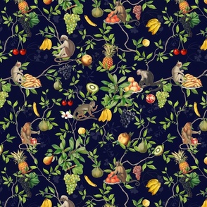 Exquisite Marie Antoinette Inspired Nostalgic Monkeys Garden & Fruit Party: Antique Chinoiserie with Grapes, Tropical Fruits, Vintage Jungle Home Decor & Wallpaper- the Darkest Night Blue