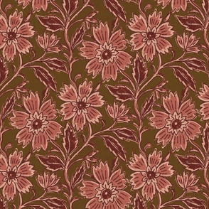 Boho Indian floral block print in burgundy red and rose pink on olive green with linen texture medium
