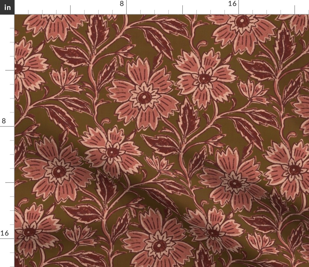 Boho Indian floral block print in burgundy red and rose pink on olive green with linen texture medium
