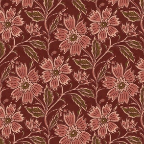 Boho Indian floral block print in burgundy red and rose  pink with texture medium