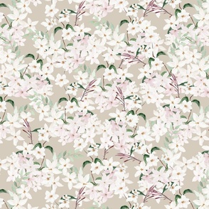 Small Scale Floral Jasmine Blooms Pattern | Boho Beige and White Flowers MK006