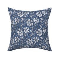 Boho Indian floral block print in denim blue and white with linen texture- small
