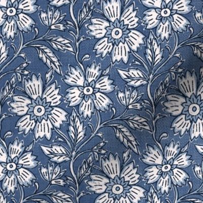 Boho Indian floral block print in denim blue and white with linen texture- small
