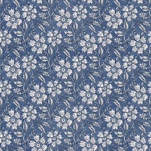 Boho Indian floral block print in denim blue and white with linen texture- small
