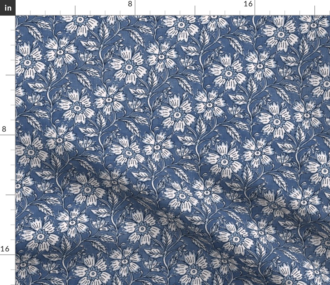 Boho Indian floral block print in denim blue and white with linen texture- small
