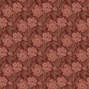 Boho Indian floral block print in burgundy red and rose  pink with texture small