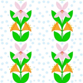Lily Stars Mini Retro Scandi Modern Flowers Sky Baby Blue With Cheerful Pastel Pink And Tangerine Orange Garden Blooms And Stars Vertical Wallpaper Grandmillennial Pattern On White 