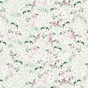 Small Scale Floral Jasmine Blooms Pattern | Boho Green and White Flowers MK006